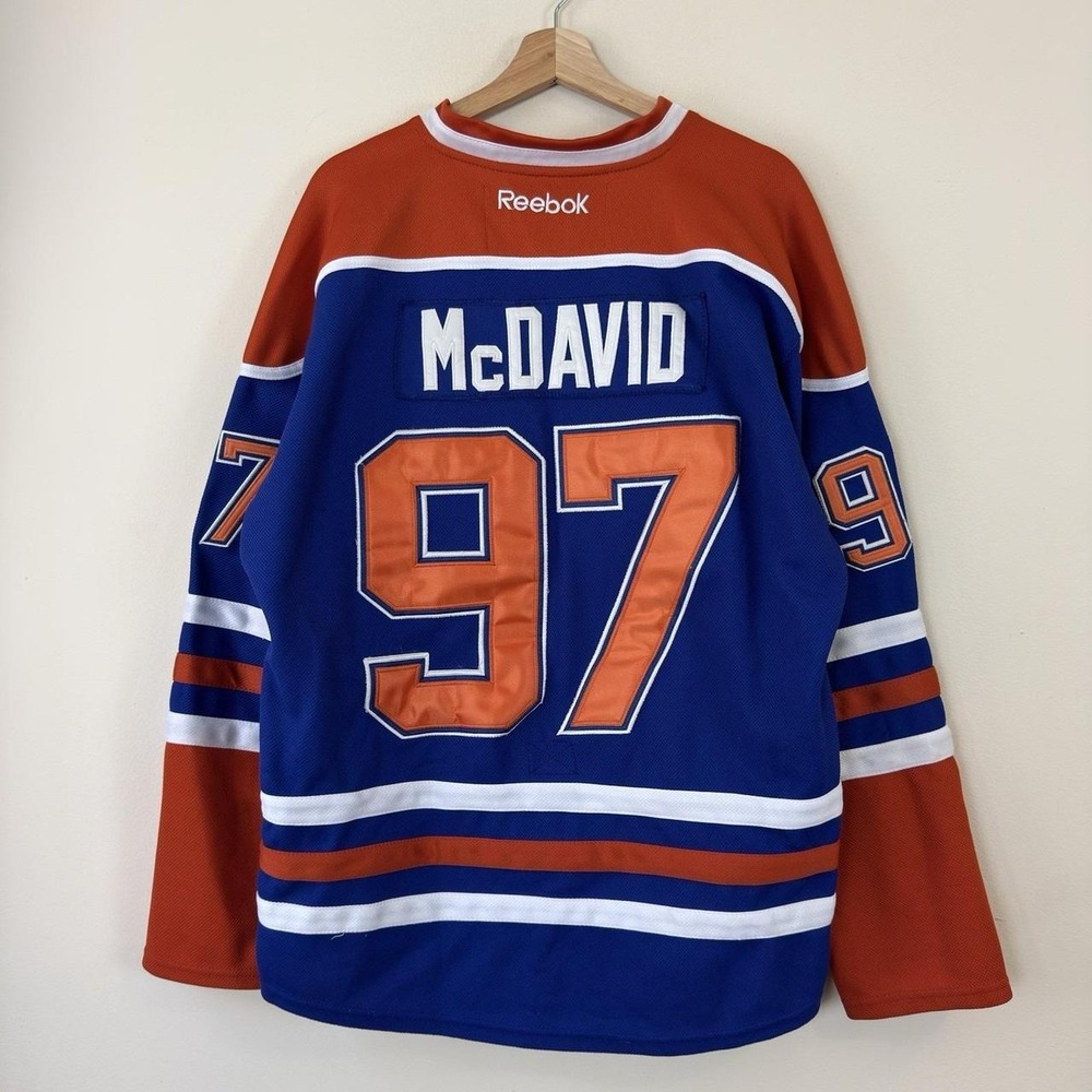 Reebok Edmonton Oilers Connor McDavid #97 NHL Home Blue Orange Jersey Size 50